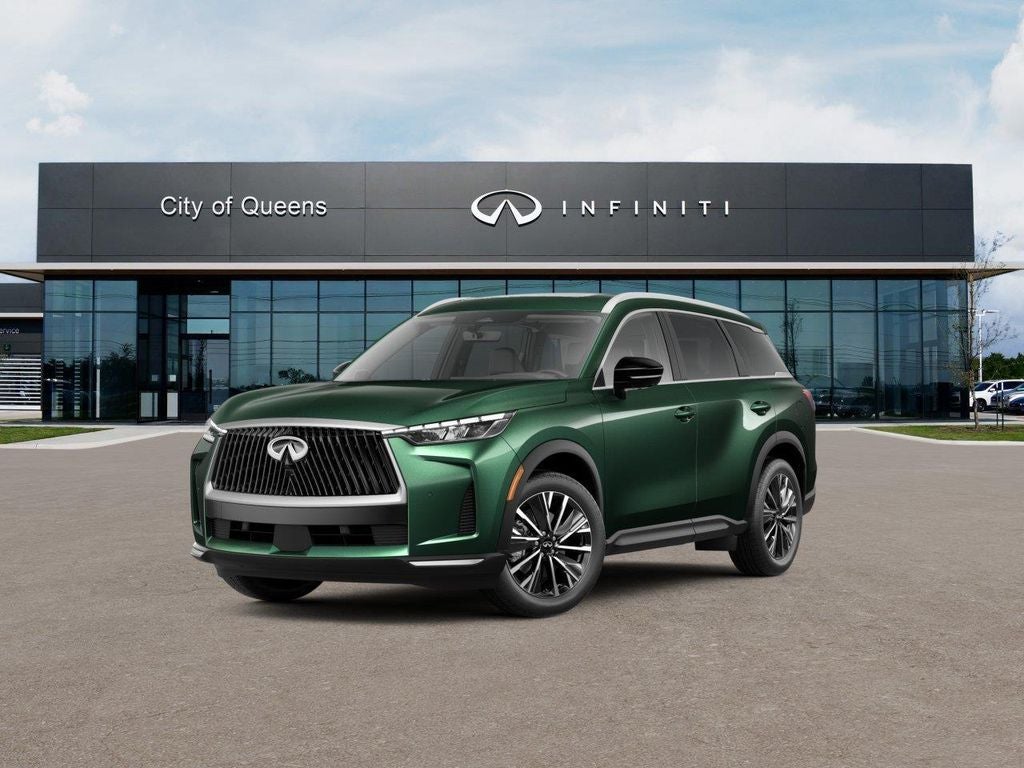 2027 INFINITI QX60 LUXE in Deep Emerald — front three-quarter view