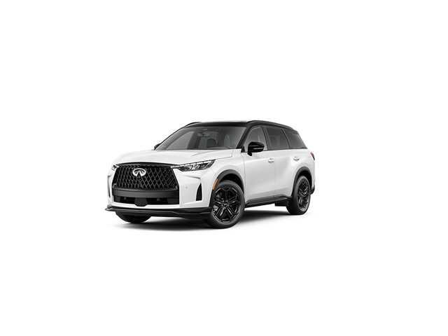2027 INFINITI QX60 SPORT in Radiant White/Black Obsidian — front three-quarter view
