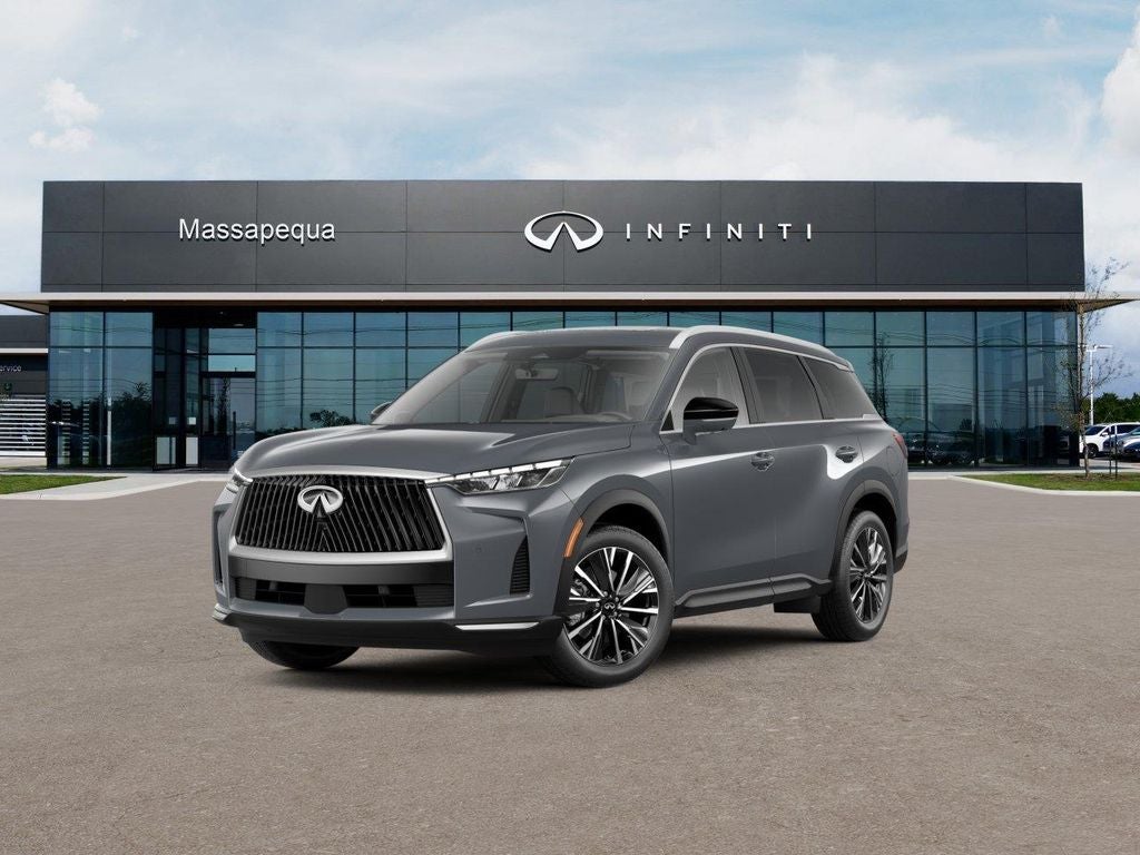 2027 INFINITI QX60 Luxe AWD in Harbor Gray — front three-quarter view