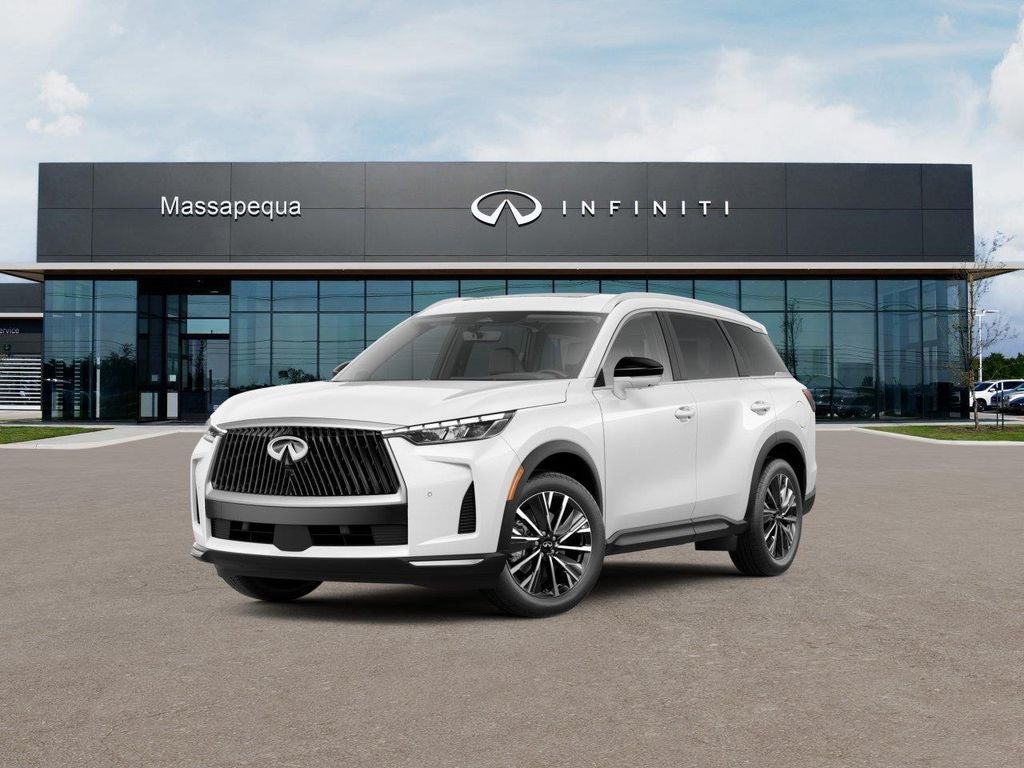 2027 INFINITI QX60 Luxe AWD in Radiant White — front three-quarter view